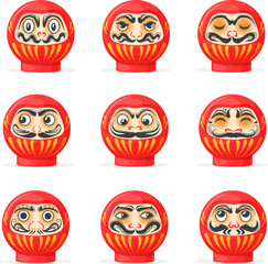 Daruma. Japanese traditional dolls monk faces bodhidharma, japan or chinese culture fortune toys or lucky charms, cute isolated head doll zen buddhism, set neat vector illustration