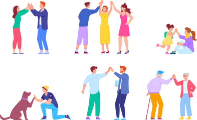 Giving high five. Friends give 5, buddy hi greetings gesture employee unity people trust, kids clapping hand couple together student success celebration, swanky vector illustration © ssstocker