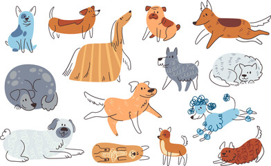 Outline pretty dogs. Doodle action puppys watercolor line dog funny kids pet cartoon cute animals, smile drawing labrador painting pets design, set ingenious vector illustration © ssstocker