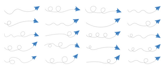 Set of dashed line paper airplane route 