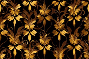 Fototapeta premium decorative golden plants and leaves pattern. repeat pattern for wallpaper, paper packaging, textile, curtains, duvet covers, print design. Generative AI