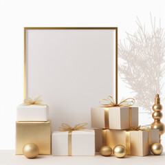 Obraz na płótnie Canvas Black, white and gold Christmas presents and empty frame, seasonal digital art