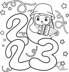 Happy new year coloring book with cute girl