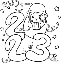 Happy new year coloring book with cute girl