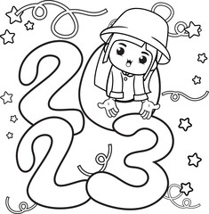 Happy new year coloring book with cute girl