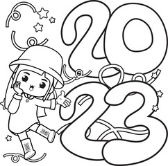Happy new year coloring book with cute girl