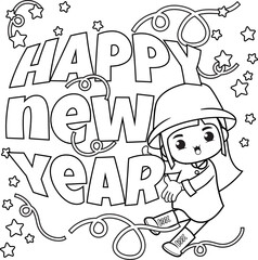 Obraz premium Happy new year coloring book with cute girl
