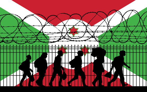 Flag of Burundi - Refugees near barbed wire fence. Migrants migrate to other countries. Sub-Saharan Africa