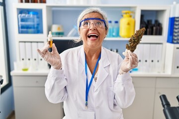 Middle age woman with grey hair doing weed oil extraction at laboratory angry and mad screaming...