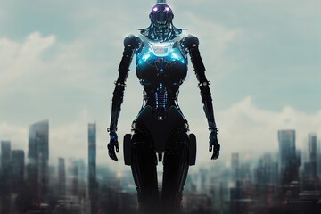 Naklejka premium android robot in the city, total disaster made by robots