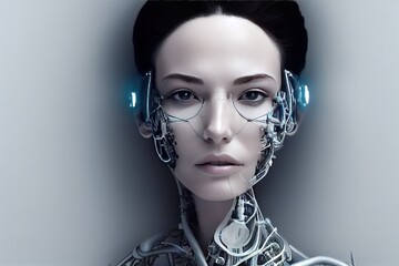 portrait of cyborg woman listening music, electroinic ears