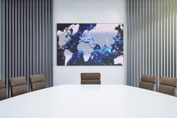 Abstract creative world map on tv display in a modern presentation room, globalization concept. 3D Rendering