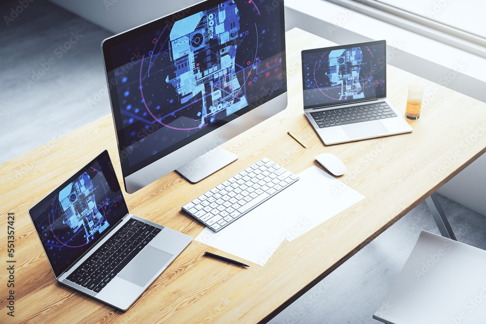 Poster Modern computer monitor with creative artificial Intelligence symbol. Neural networks and machine learning concept. 3D Rendering