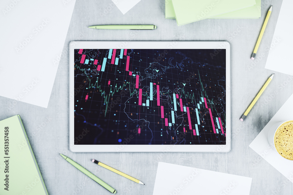 Poster top view of modern digital tablet monitor with creative abstract global crisis chart and world map h