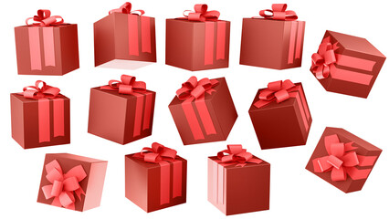 Merry New Year and Merry Christmas 2022 red gift boxes with light red bows on black background. Gift boxes flying and falling.
