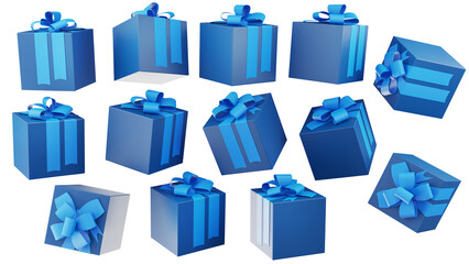 Merry New Year and Merry Christmas 2022 blue gift boxes with light blue bows on black background. Gift boxes flying and falling.