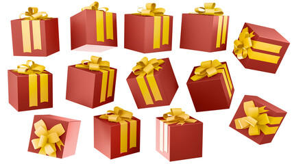 Merry New Year and Merry Christmas 2022 red gift boxes with golden bows on black background. Gift boxes flying and falling.