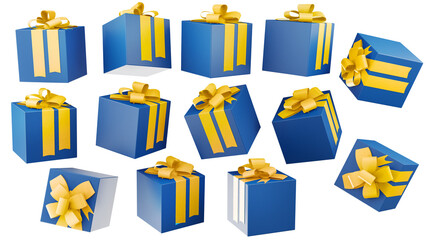 Merry New Year and Merry Christmas 2022 blue gift boxes with golden bows on black background. Gift boxes flying and falling.