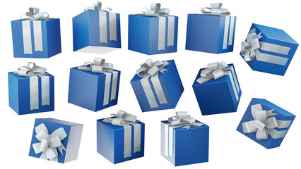 Merry New Year and Merry Christmas 2022 blue gift boxes with Silver bows and on black background. Gift boxes flying and falling.