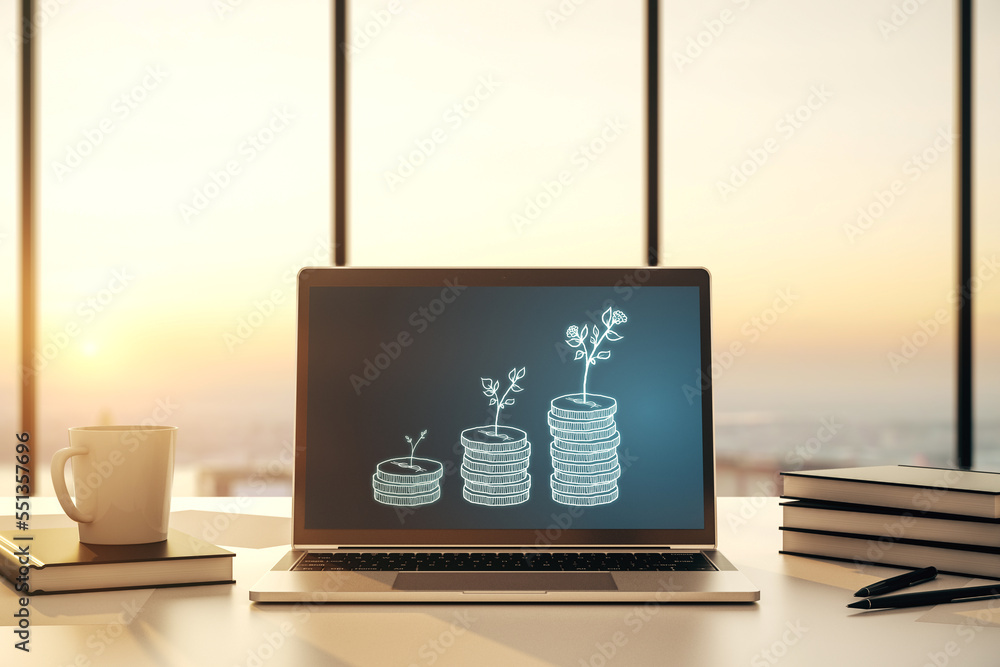 Poster modern computer monitor with cash savings hologram. development and achievement of goals concept. 3d