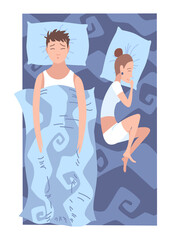 Sleep peoples on bed. Characters lying posture during night slumber. Top view asleep couple at bedroom. Female and male night dream position