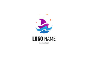 Sailing ship logo at sea with ocean waves and stars in purple and blue gradient colors