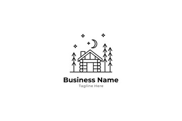 Cottage logo with fir tree and decorated with crescent moon and stars in line art design style