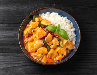Thai red curry with chicken, vegetables and rice