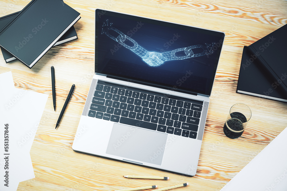 Poster creative concept of blockchain technology with handshake on modern laptop screen. digital money tran
