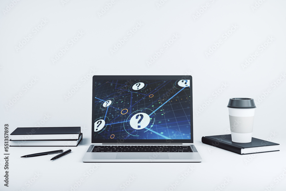 Aufkleber creative concept of question mark illustration on modern laptop screen. faq and search concept. 3d r