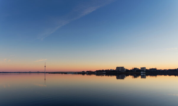 View with Techirghiol lake and Eforie city at sunset in Romania