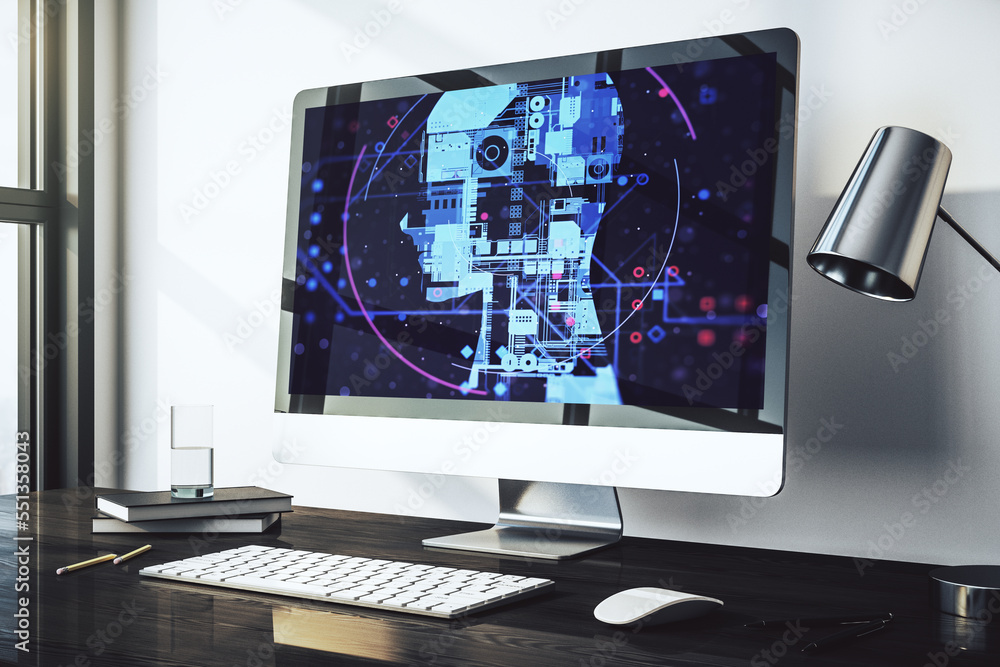 Poster Modern computer monitor with creative artificial Intelligence symbol. Neural networks and machine learning concept. 3D Rendering