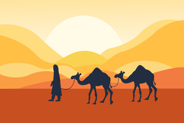 Caravan with camels in desert with mountains on Sunset desert landscape. Vector illustration