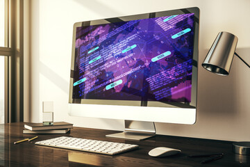 Modern computer display with abstract software development hologram and world map, global research and analytics concept. 3D Rendering