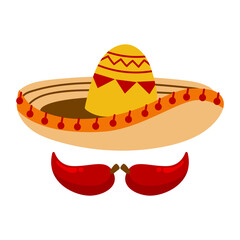 Elements of Mexican culture, sombrero and hot peppers. Vector illustration isolated on white background