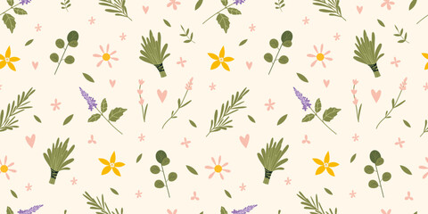 Seamless pattern with essential oil plants and herbs on a light background, cartoon style. Concept of nature aromatherapy. Trendy modern vector illustration, hand drawn, flat - obrazy, fototapety, plakaty