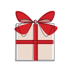 Gift box with red ribbon bow vector one line continuous drawing. Doodle illustration. Hand drawn linear silhouette icon. Design for print, banner, holiday card, wall art poster, brochure, postcard.