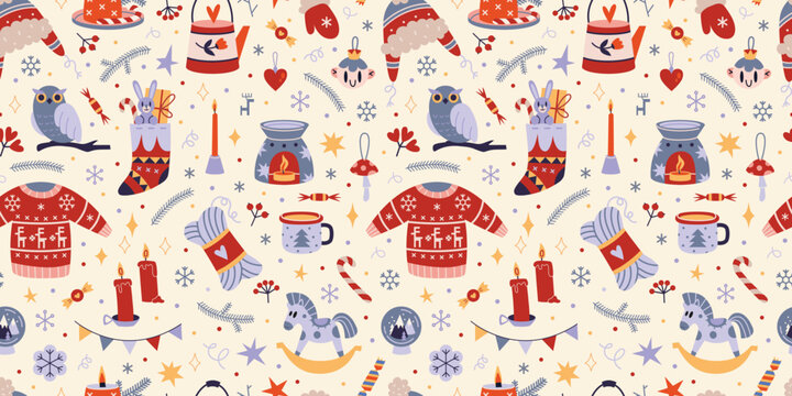 Christmas seamless pattern with cute winter cozy elements on a light background, cartoon style. Trendy modern vector illustration, hand drawn, flat