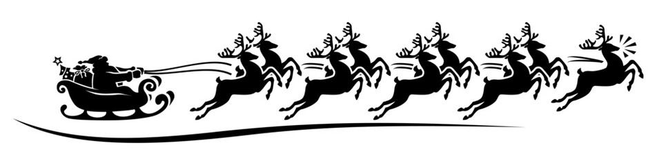 Team of nine reindeer is carrying Santa sleigh. Rudolph red nose lights the way. Vector silhouette on a transparent background