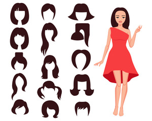 Female with different hair style, cutting set hairdressers salon concept vector illustration.