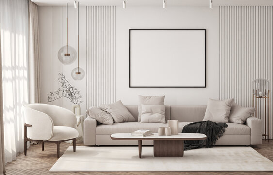 Mockup poster frame on the wall of living room. Luxurious apartment background with contemporary design. Modern interior design. 3D render, 3D illustration.