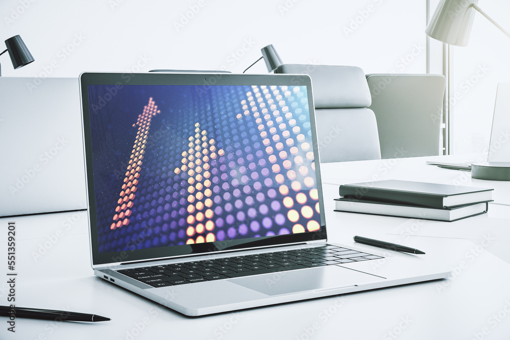 Poster creative abstract upward arrows hologram on modern computer monitor, leadership and motivation conce
