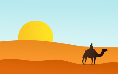 An illustration of the sunset in the desert, with curvy sand dunes, a big sun in the sky, and the black silhouette of a man riding a camel.
