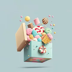 Fotobehang Creative sweet food concept of a delicious edible box with pastel marshmallows and candy. A dream gift for a child. 3D Illustration. Soft blue background. © Uncanny Valley