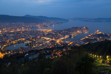 Panoramic view of Bergen (Norway) at night