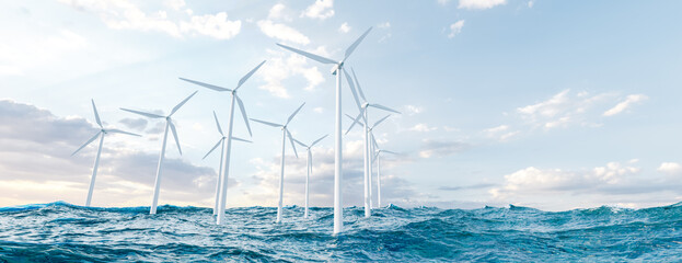 Wind turbines in waving sea. 3D render - obrazy, fototapety, plakaty