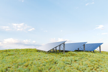 Solar panels in grassy field. 3D render