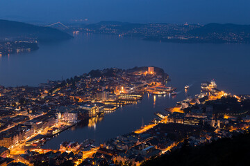Panoramic view of Bergen (Norway) at night