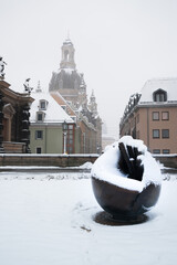 winter landscape in Dresden with the church of our lady in background