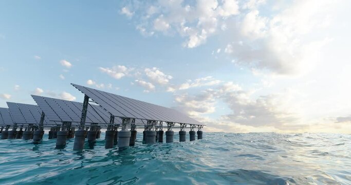 Photovoltaic panels installed in sea. 3D animation render